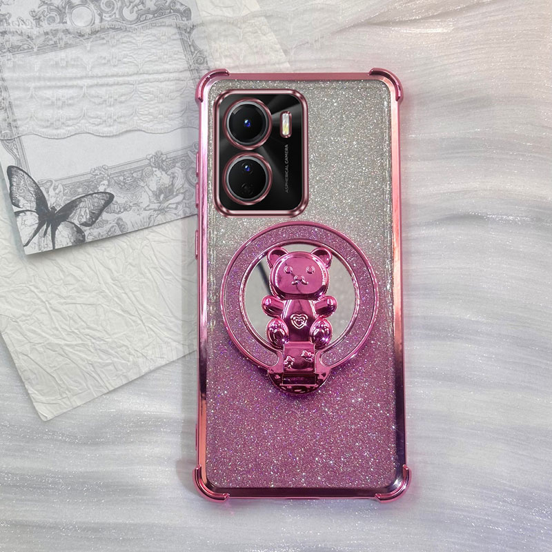Vivo Y28 - Hartvormige Beer Glitter Telefoonhouderhoesje voor Vivo